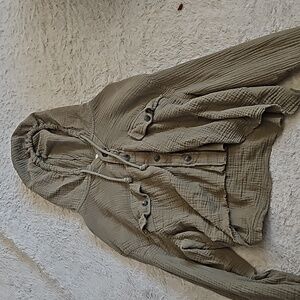 Green button up sweater with hood